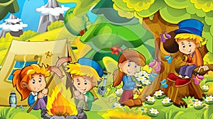 Cartoon autumn nature background in the mountains with kids having fun camping with tent with space for text