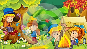 Cartoon autumn nature background in the mountains with kids having fun camping with tent with space for text