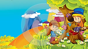 Cartoon autumn nature background in the mountains with kids having fun with space for text - illustration