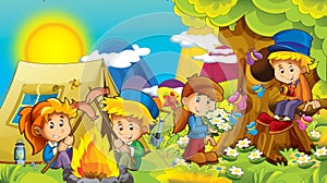 Cartoon autumn nature background in the mountains with kids having fun with space for text - illustration
