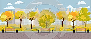 Cartoon autumn park panorama with walkway bench and bins. Fall street yellow tree path panoramic landscape. Vector