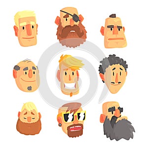 Cartoon avatar men faces with different emotions. Set of men from different nations and professions, colorful