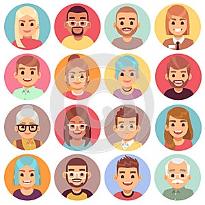Cartoon avatars. People of different sexes, ages and races. Face avatars of multicultural characters portraits. Human photo