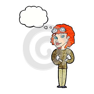 cartoon aviator woman with thought bubble