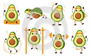 Cartoon avocado athlete. Funny vegetable character, sport mascot, cute green fruit gym activities, push and pull ups