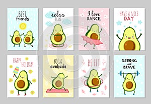 Cartoon avocado cards. Cute healthy food, baby party fun flyers. Positive inspirations text, green characters kids