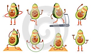 Cartoon avocado character fitness. Funny avocados in yoga poses, gym cardio and vegetarian sport food mascot vector