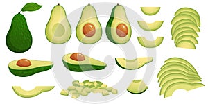 Cartoon avocado. Ripe avocados fruits, healthy nutritious natural food and avocado slices vector illustration set