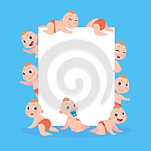 Cartoon babies banner. Newborn children with empty text frame, happy toddlers boys and girls playing. Vector funny group