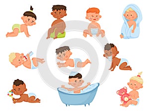 Cartoon babies, infants or toddlers, cute little baby boys and girls. Happy newborn crying, toddler bathing or playing with toys