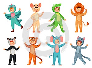 Cartoon baby animal costumes. Cute girl in panda costume, little boy in elephant suit and kids party mascot vector