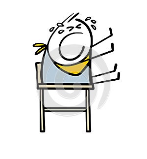 Cartoon baby with a bib sits on a high chair, waves his arms and refuses to eat. Vector illustration of stick figure