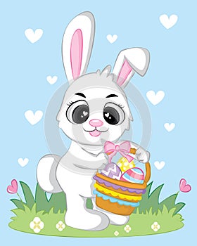 Cartoon baby bunny is charring Easter egg to the basket with colorful Easter eggs. Vector illustration in flat style.t
