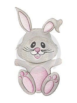 Cartoon baby bunny isolated on white, watercolor Easter bunny illustration, cute gray rabbit watercolor painting