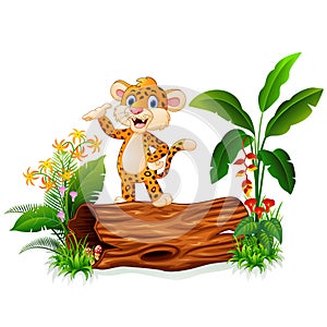 Cartoon baby cheetah presenting on tree trunk