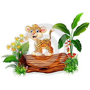 Cartoon baby cheetah on tree trunk