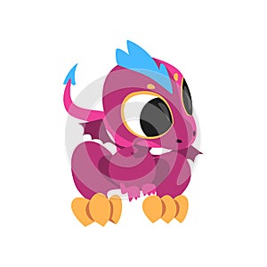 Cartoon baby dragon with big eyes, little wings and long tail. Fantastic creature character of children`s fairy tale