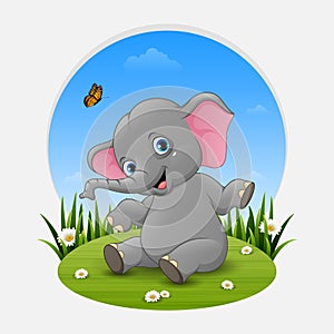 Cartoon baby elephant posing on the grass