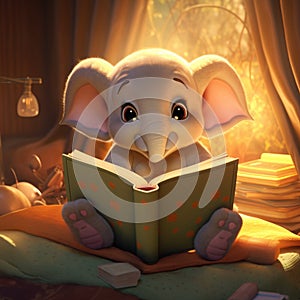 Cartoon of a baby elephant reading a book