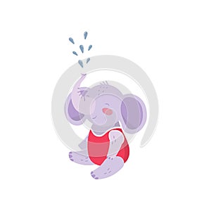 Cartoon baby elephant sitting and spraying water with his trunk. Cute humanized animal with big ears dressed in red
