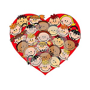 Cartoon baby faces in heart shaped frame vector face, love, smile, illustration, childhood, kid, global, associations