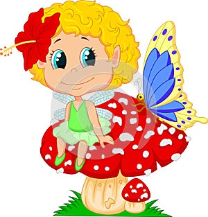 Cartoon Baby fairy elf sitting on mushroom