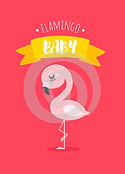 Cartoon baby flamingo with ribbon on red background. Cute children`s card