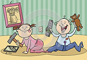 Cartoon baby girl and boy playing and making a mess