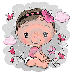 Cartoon baby Girl with flower on the meadow