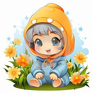 cartoon baby girl in orange hoodie sitting in the grass with daisies