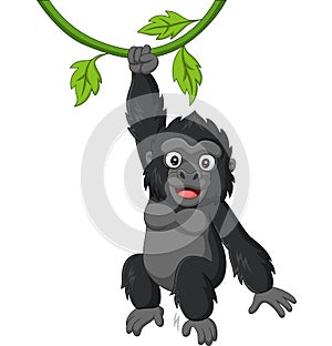 Cartoon baby gorilla hanging in tree branch
