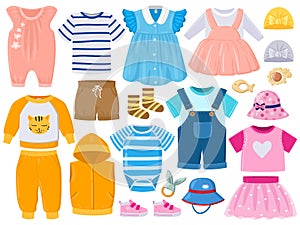 Cartoon baby kids girl and boy clothes, hats, shoes. Childrens fashion clothes, romper, shorts, dress and shoes vector