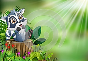 Cartoon of baby lion sitting oCartoon of baby raccoon sitting on tree stump withn tree stump with green leaves and flowering plant