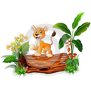 Cartoon baby lion on tree trunk