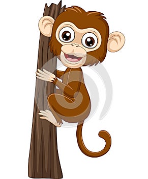 Cartoon baby monkey climbing tree branch