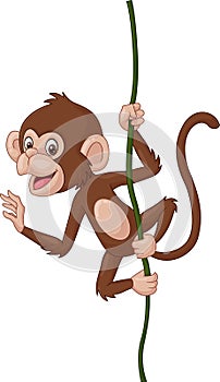 Cartoon baby monkey hanging on a tree branch