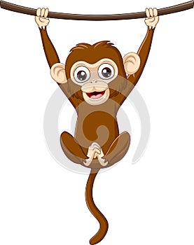 Cartoon baby monkey hanging on a wood branch