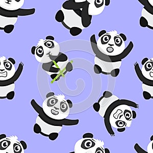 cartoon baby pandas in different poses, seamless pattern. cute, hand-drawn, flat pandas. aggressive, funny, scared