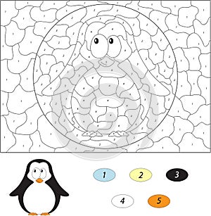 Cartoon baby penguin. Color by number educational game for kids