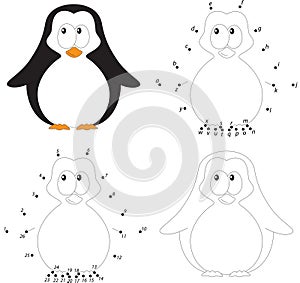 Cartoon baby penguin. Coloring book and dot to dot game for kids