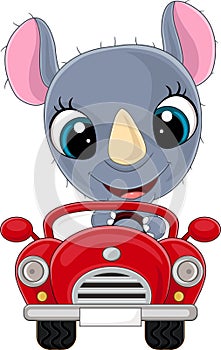 Cartoon baby rhino driving red car