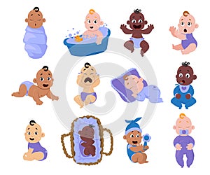 Cartoon baby. Smiling and crying little children. Girl and boy characters in diapers. Toddler sleeping in cradle or