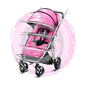 Cartoon Baby Stroller Vector Illustration. Girl Perambulator.