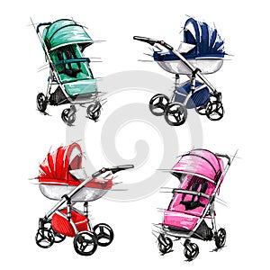 Cartoon Baby Stroller Vector Illustration. Girl Perambulator. Boy Pushchair.