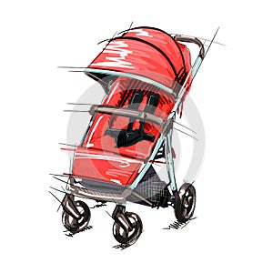 Cartoon Baby Stroller Vector Illustration. Girl Perambulator. Boy Pushchair.