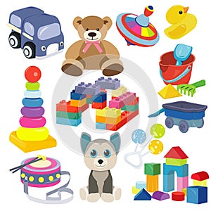 Cartoon baby toy set. Cute object for small children to play with, toys, stuffed animals, fun and activity. Vector flat