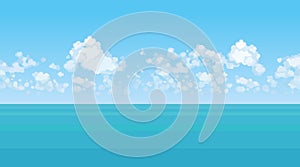 Cartoon background of azure sea and blue sky with clouds on the horizon