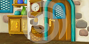 Cartoon background for fairy tale - interior of old fashioned house - kitchen