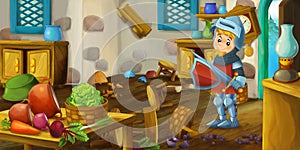 Cartoon background for fairy tale interior of old fashioned house kitchen knight prince illustration for children