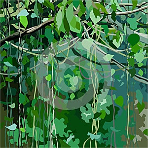 Cartoon background with forest overgrown with green leaves and lianas